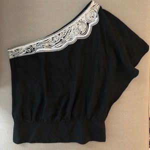 New WHBM Embroidered One Shoulder Silk Top